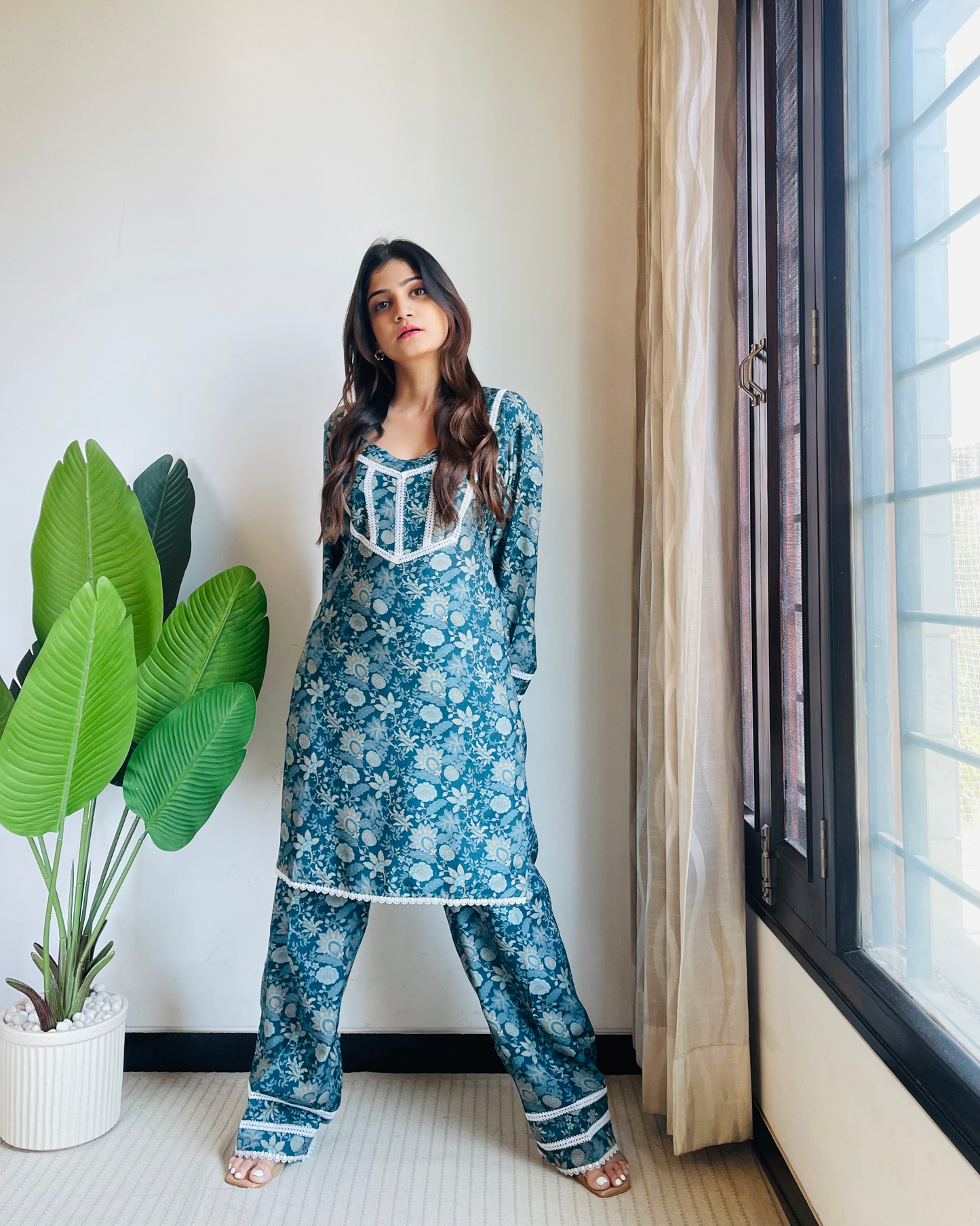 Blue Green printed Muslin Coordset