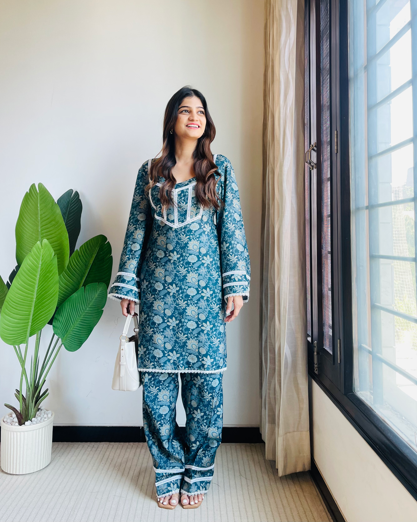 Blue Green printed Muslin Coordset