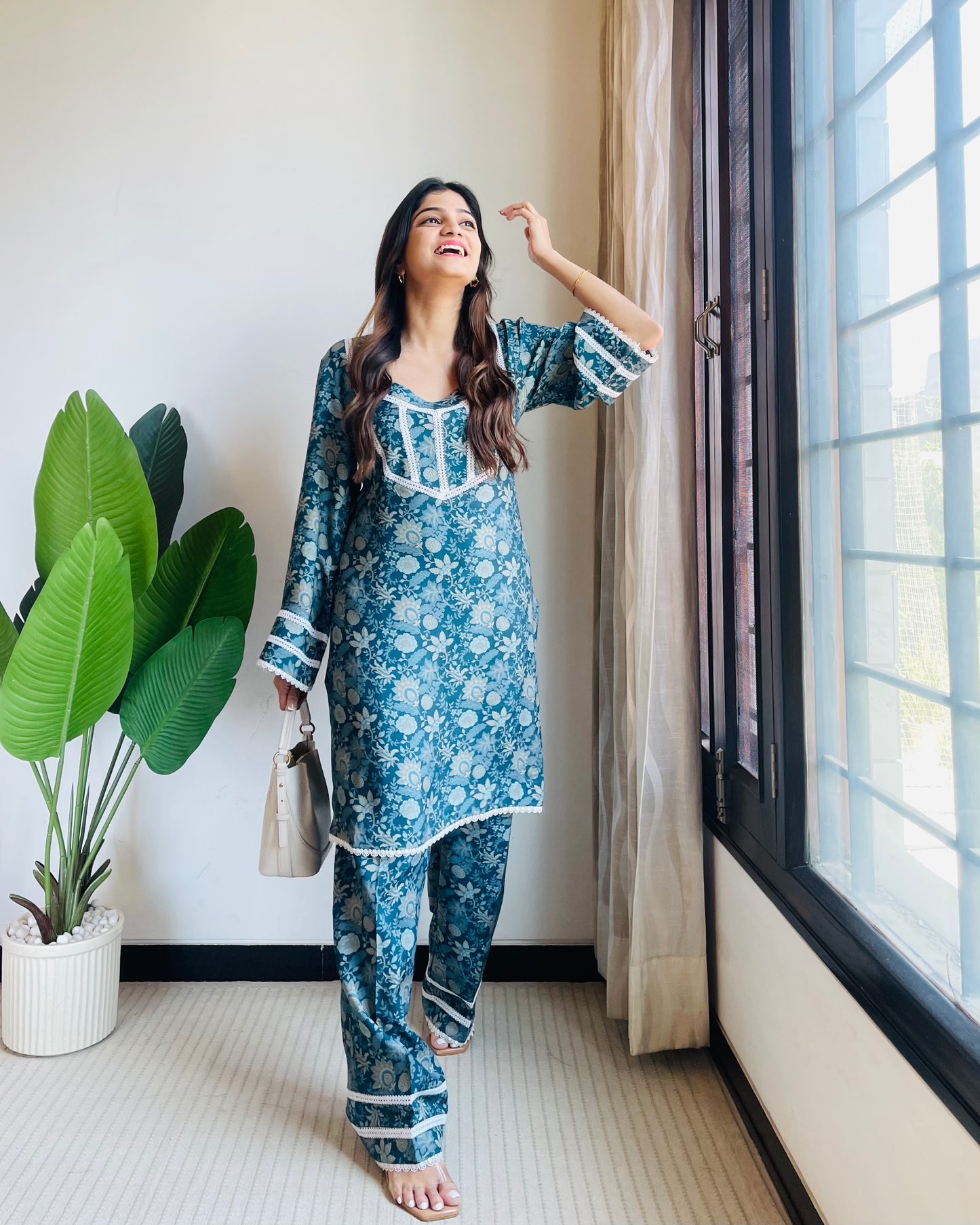 Blue Green printed Muslin Coordset
