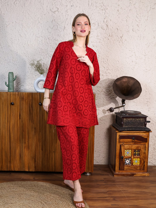 Red Cotton Rooster A-line Top & Pants Coordset
