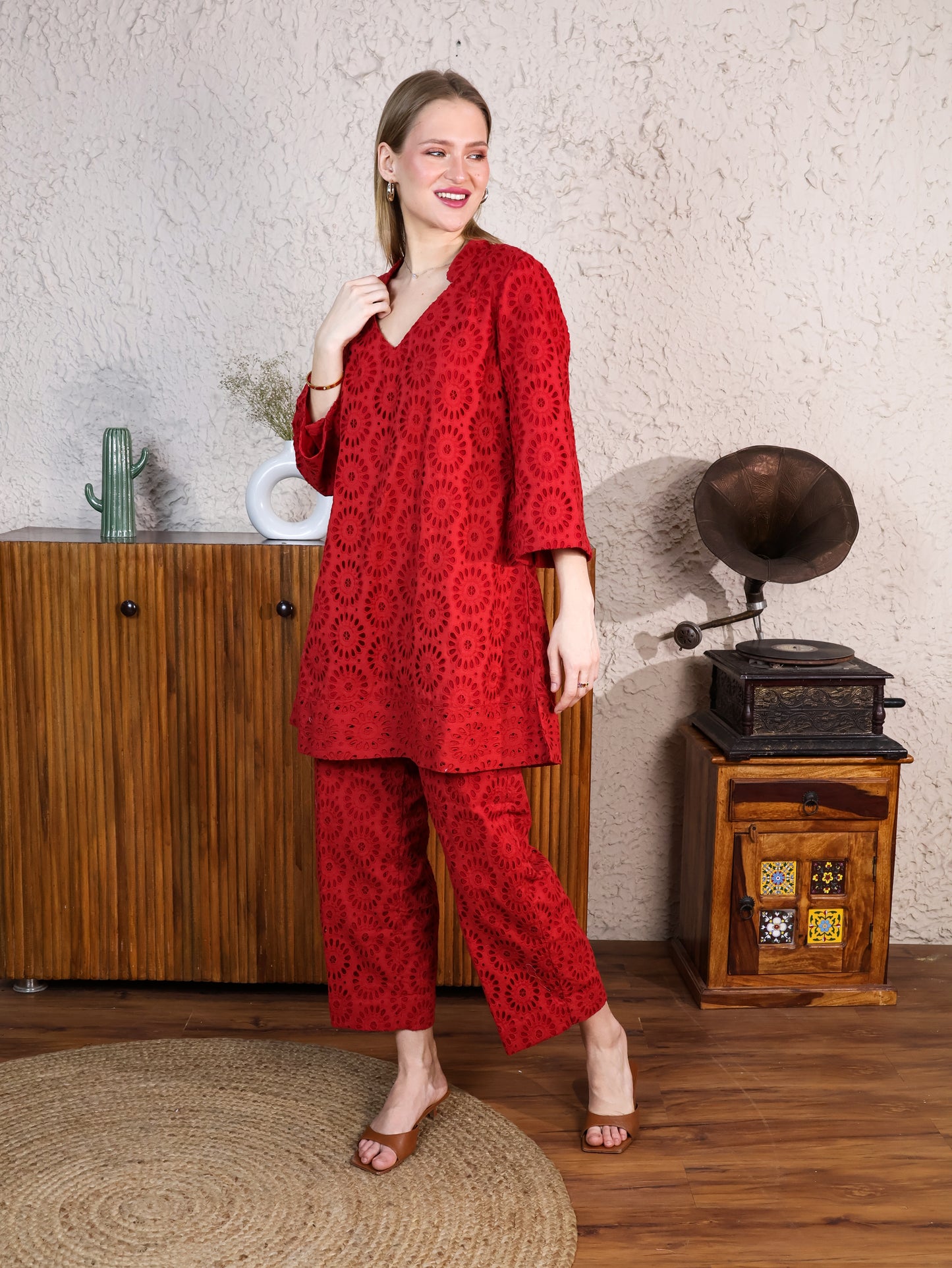 Red Cotton Rooster A-line Top & Pants Coordset