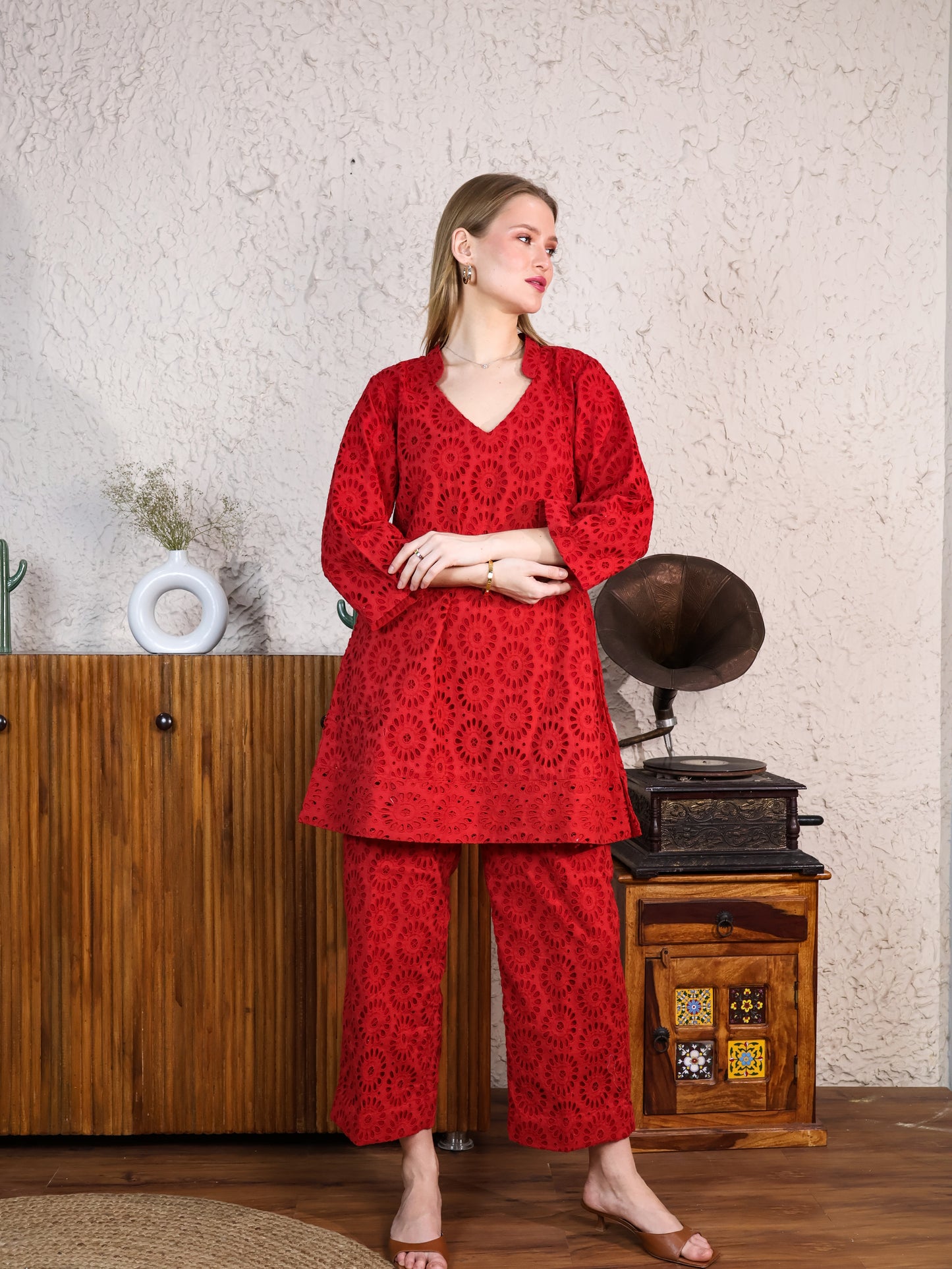 Red Cotton Rooster A-line Top & Pants Coordset