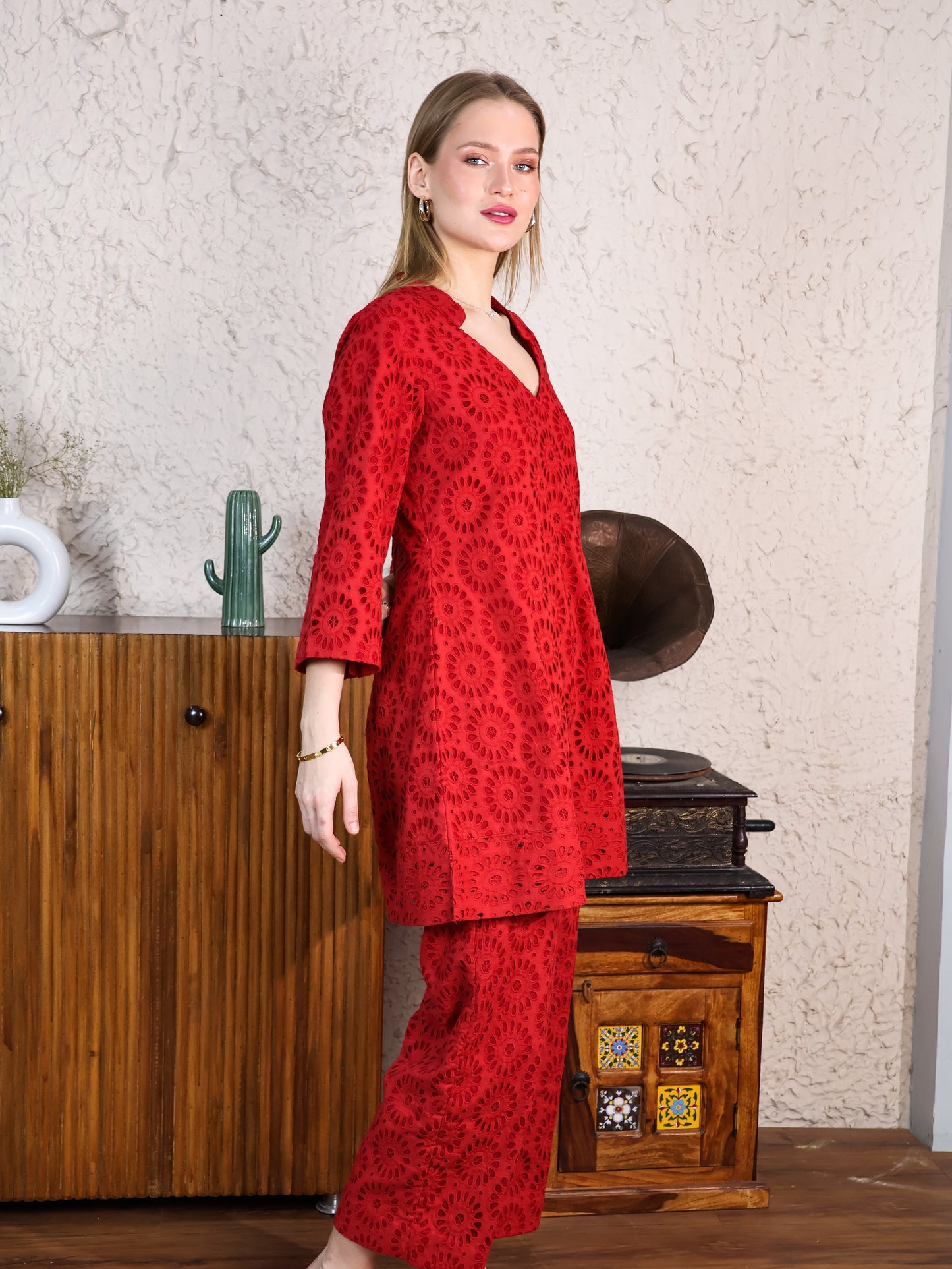 Red Cotton Rooster A-line Top & Pants Coordset