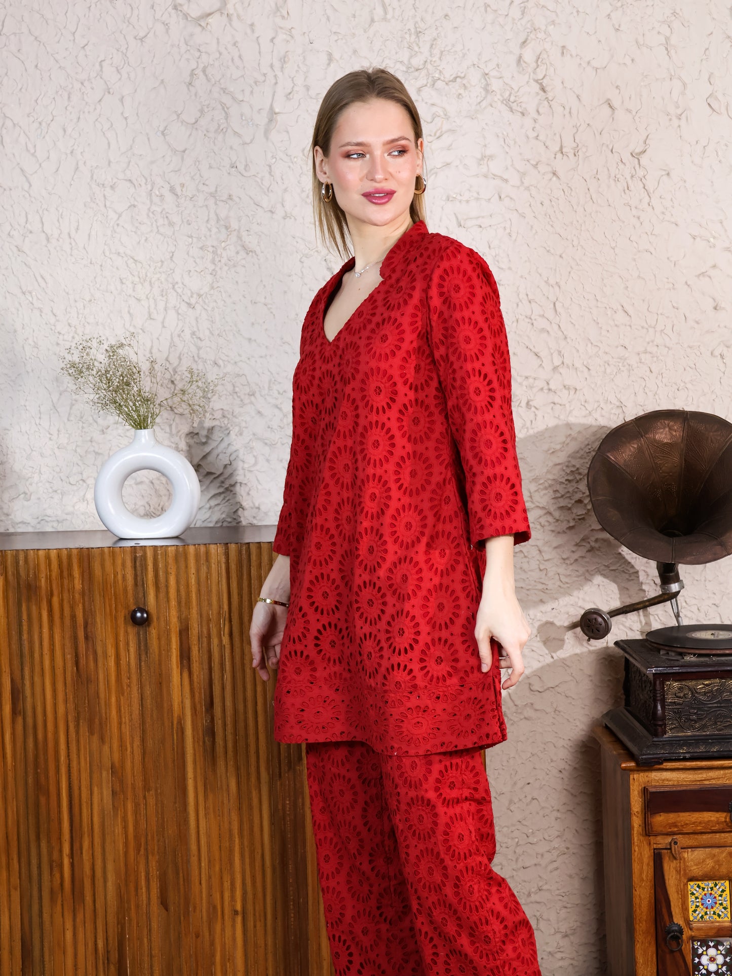 Red Cotton Rooster A-line Top & Pants Coordset