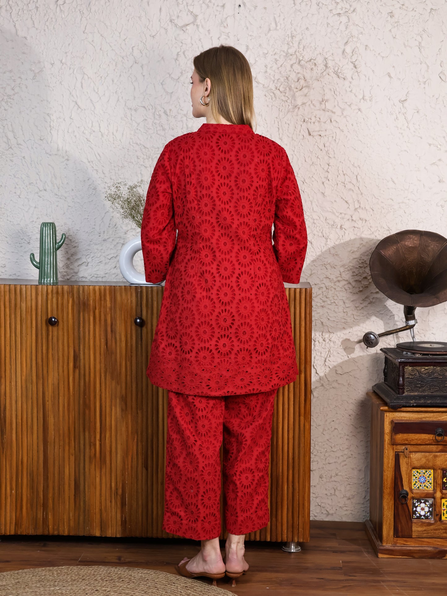 Red Cotton Rooster A-line Top & Pants Coordset