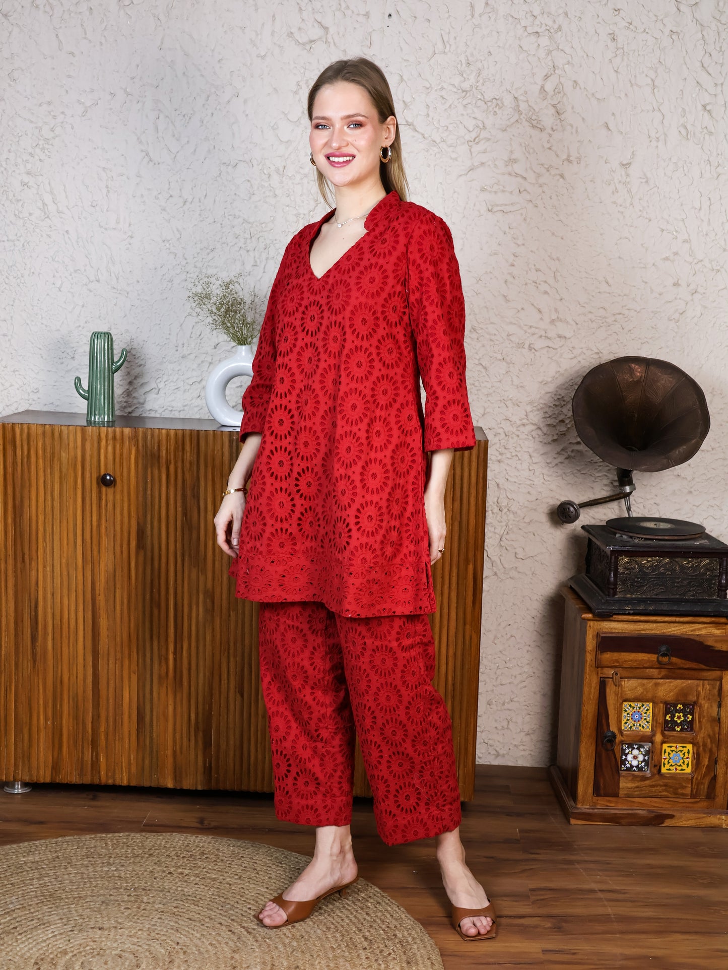 Red Cotton Rooster A-line Top & Pants Coordset