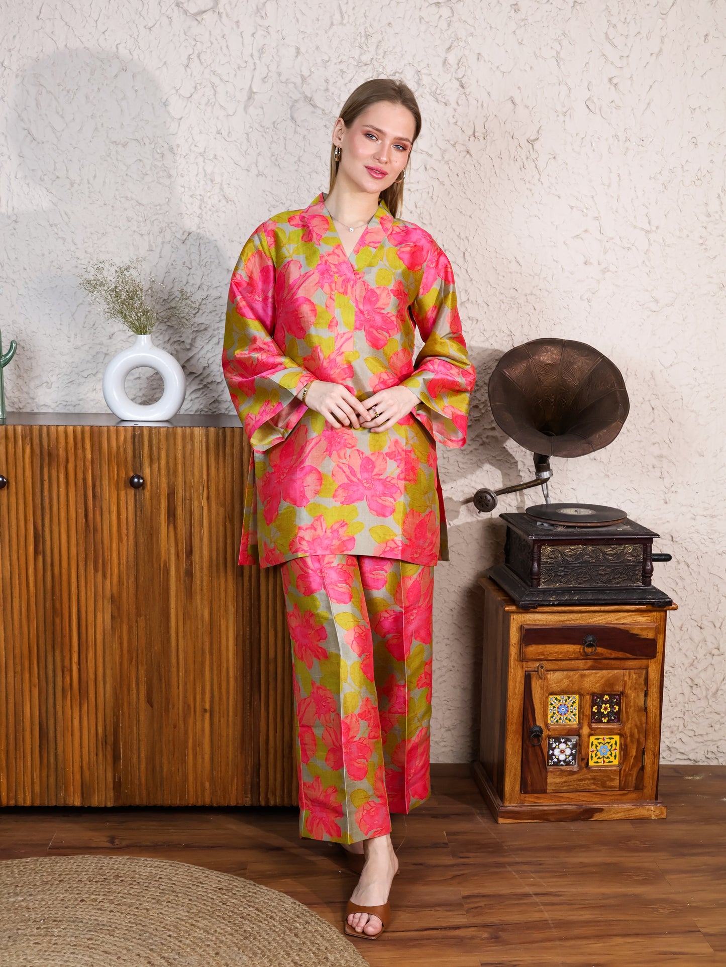 Printed green with pink flowers poly silk coord set