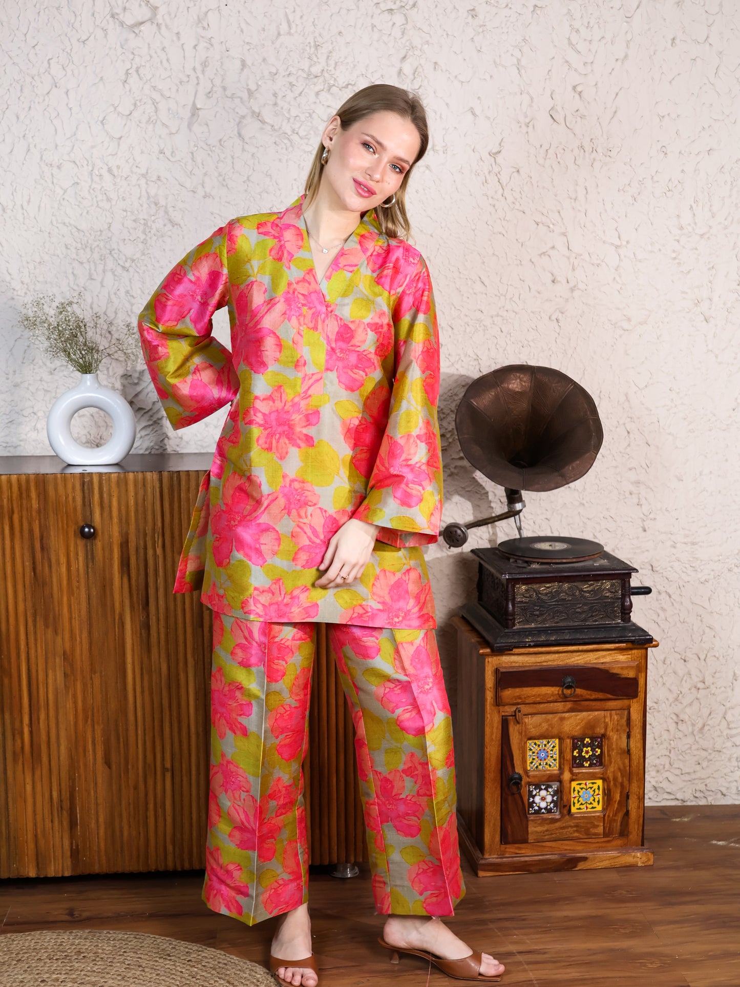 Printed green with pink flowers poly silk coord set