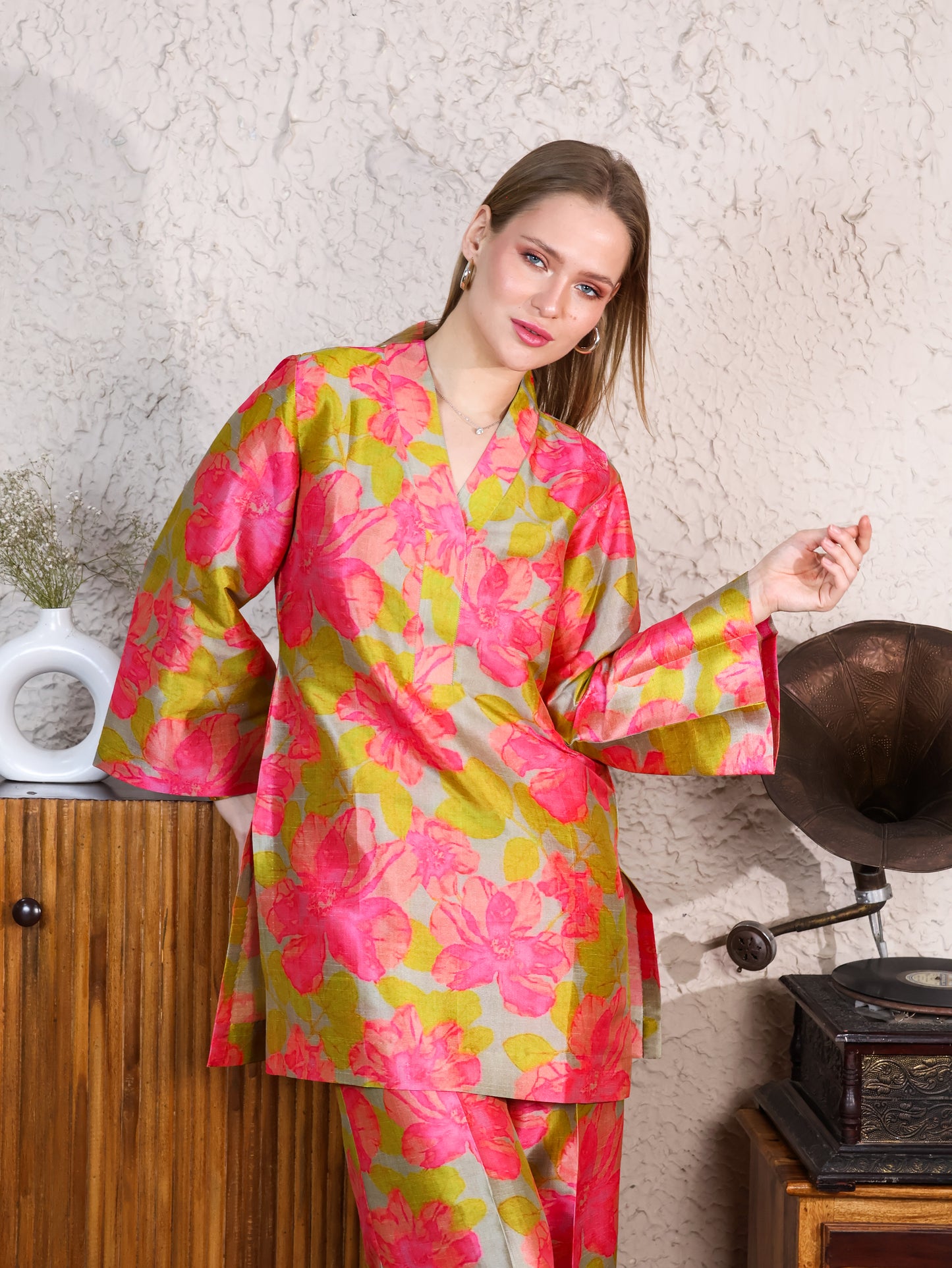 Printed green with pink flowers poly silk coord set