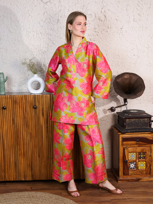 Printed green with pink flowers poly silk coord set