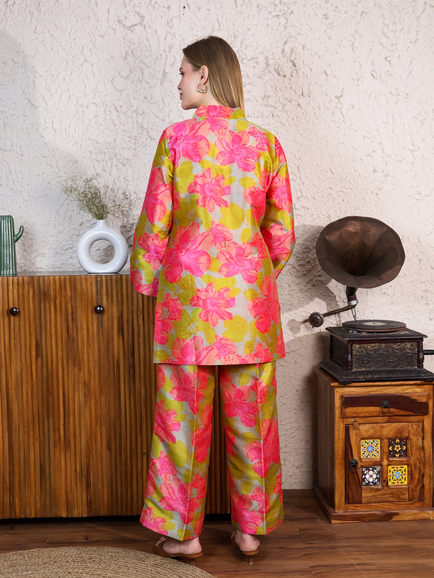 Printed green with pink flowers poly silk coord set