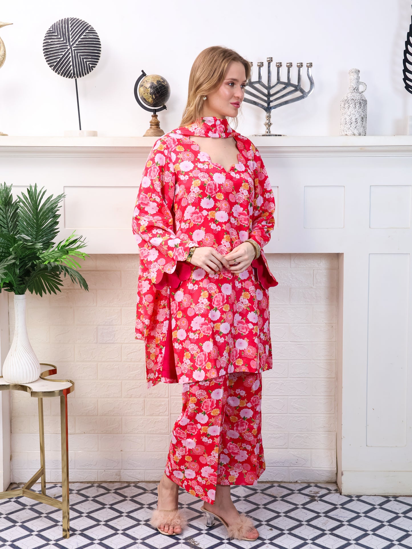 Pink Floral Chinon-Chiffon Suit Set