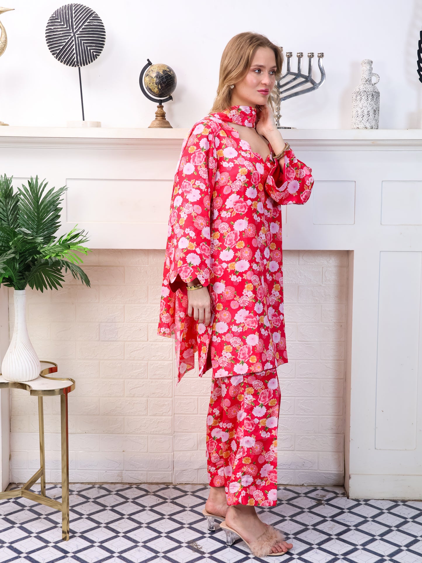 Pink Floral Chinon-Chiffon Suit Set