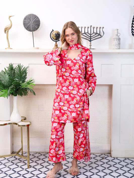 Pink Floral Chinon-Chiffon Suit Set