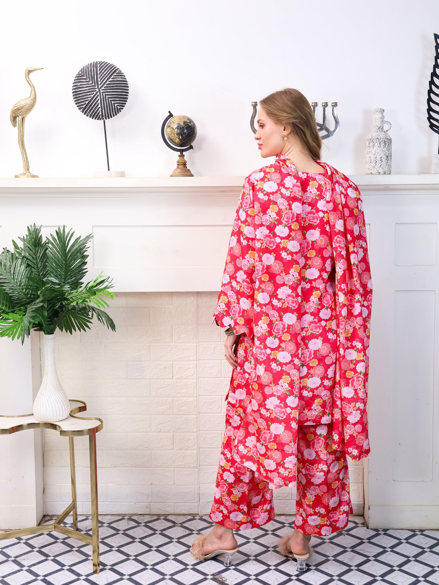 Pink Floral Chinon-Chiffon Suit Set