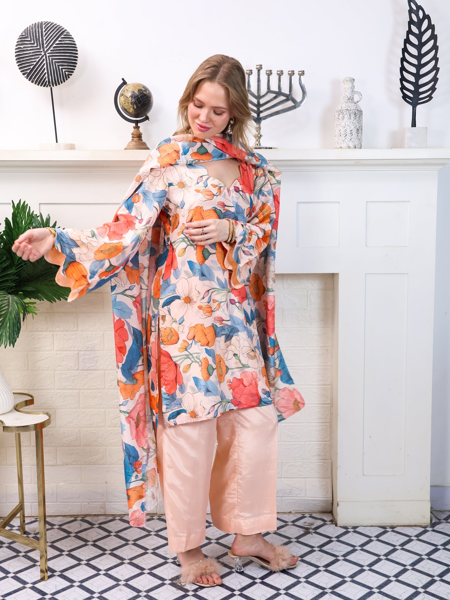 Peach Floral Chinon-Chiffon Suit Set