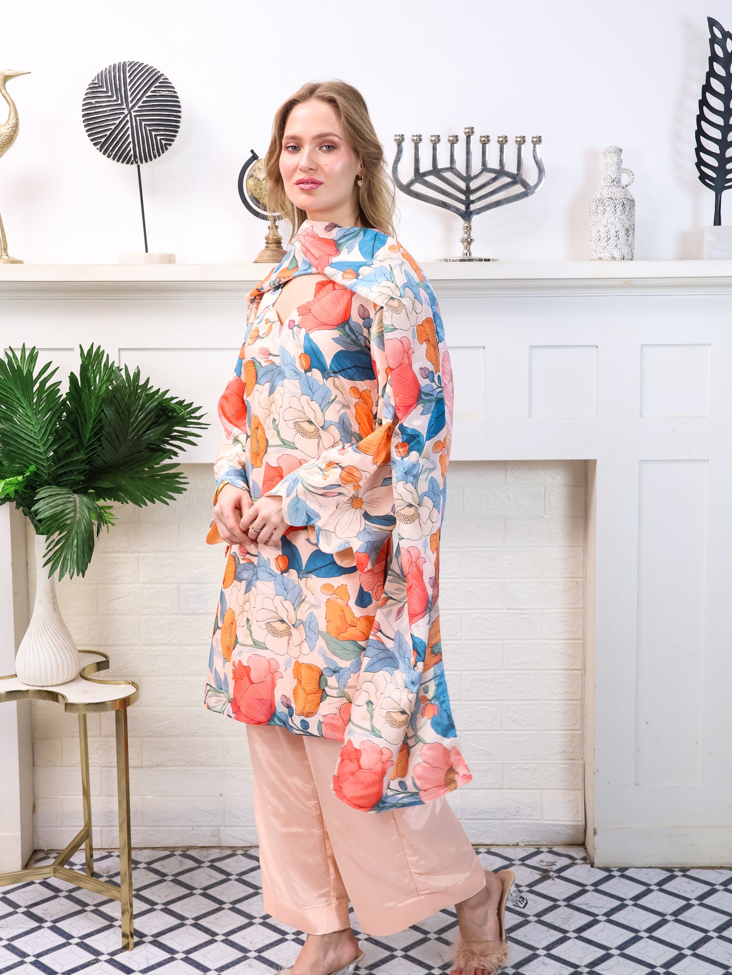 Peach Floral Chinon-Chiffon Suit Set