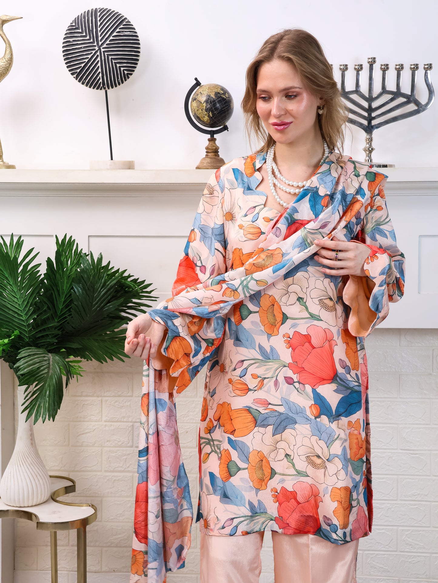 Peach Floral Chinon-Chiffon Suit Set