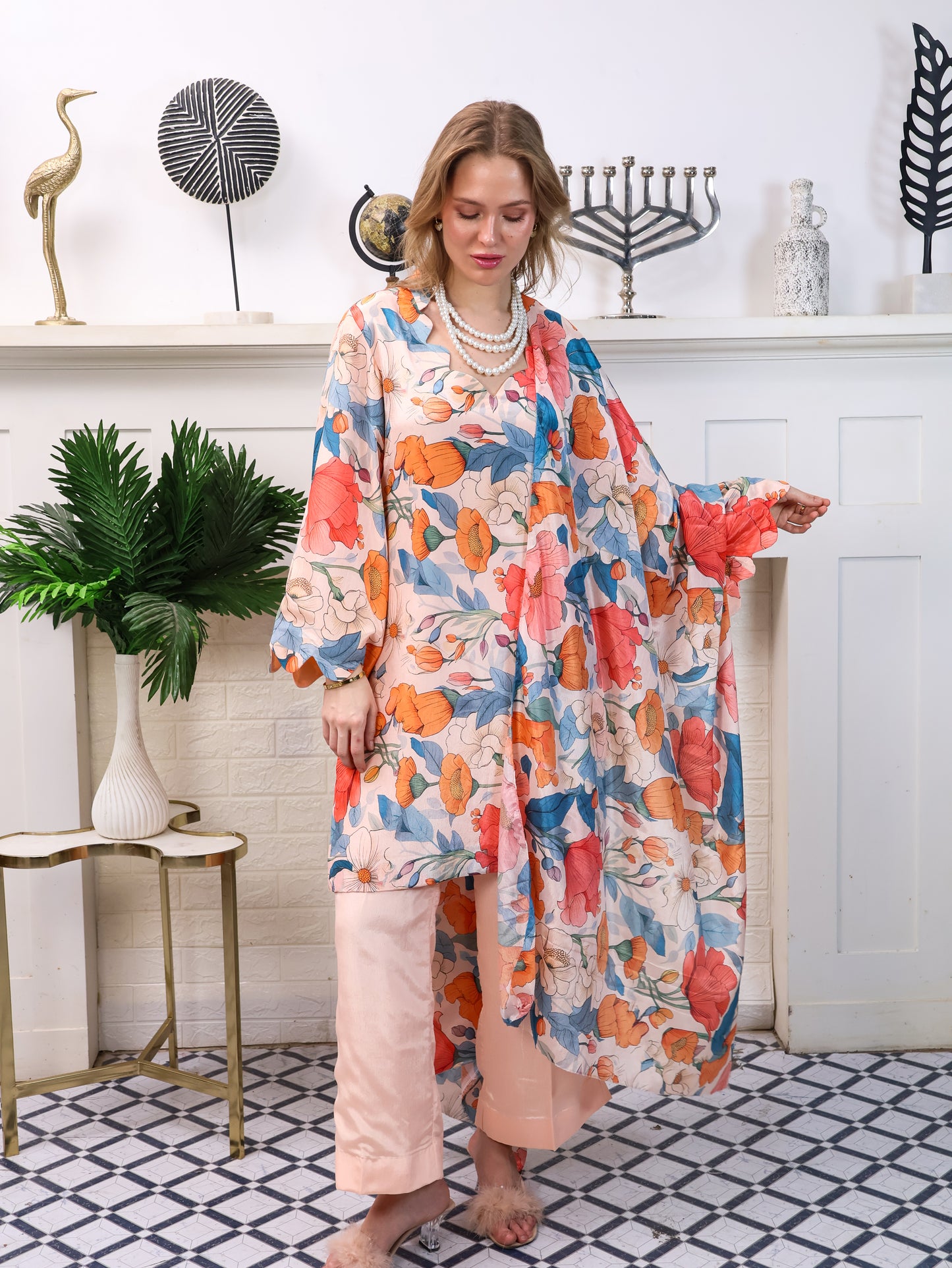 Peach Floral Chinon-Chiffon Suit Set