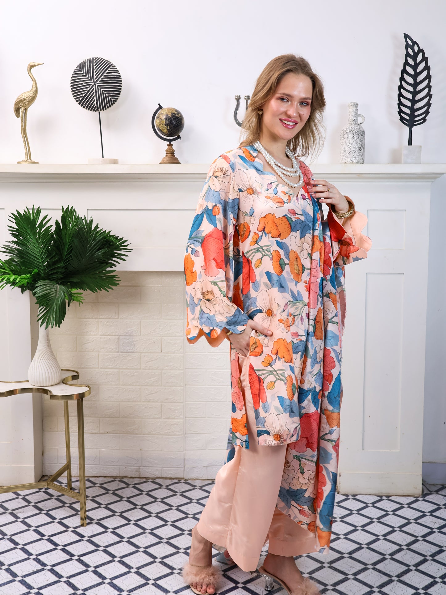 Peach Floral Chinon-Chiffon Suit Set