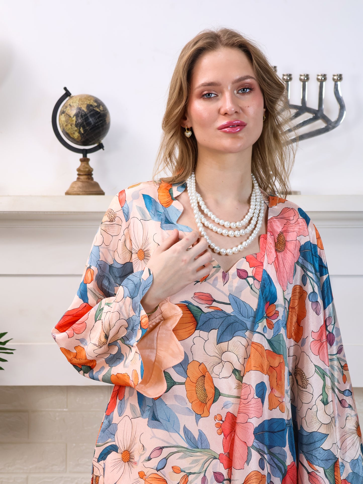 Peach Floral Chinon-Chiffon Suit Set
