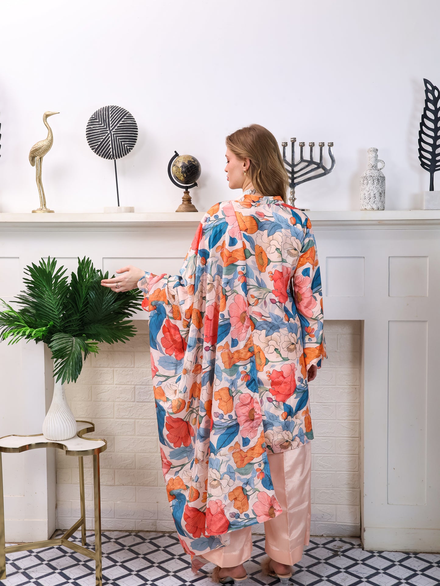 Peach Floral Chinon-Chiffon Suit Set
