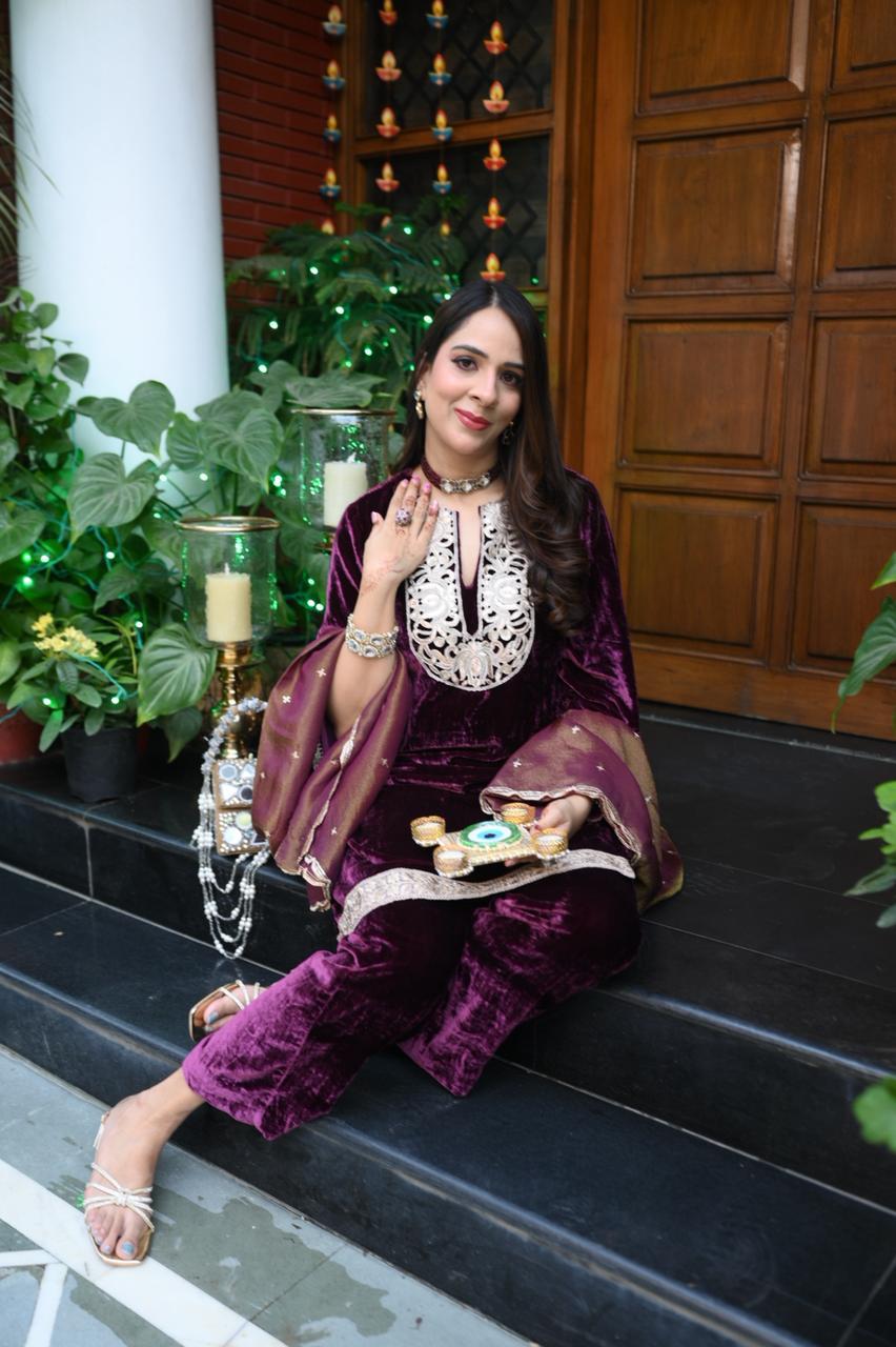 Wine Velvet Suit with Tissue Dupatta