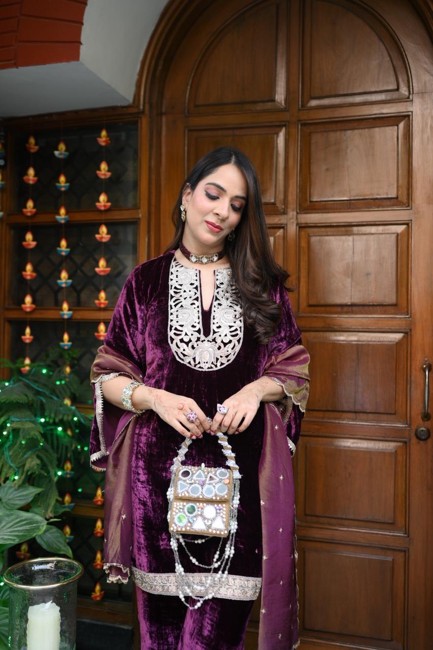 Wine Velvet Suit with Tissue Dupatta