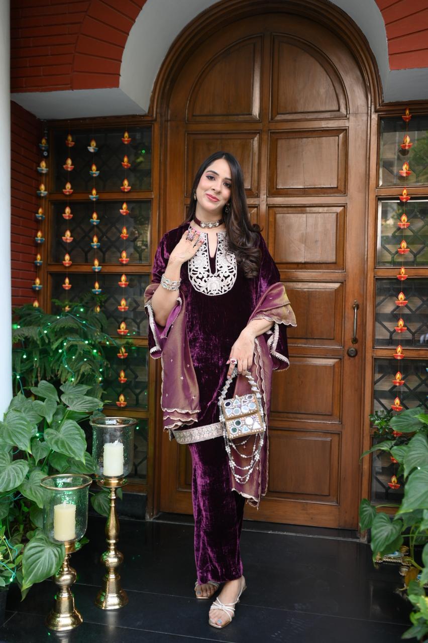 Wine Velvet Suit with Tissue Dupatta
