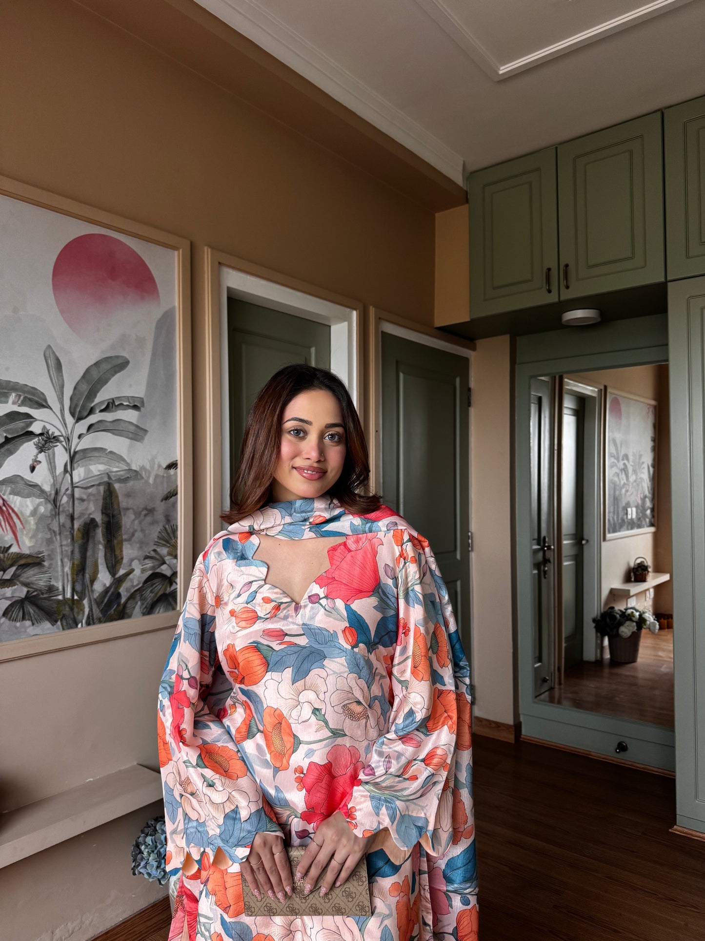 Peach Floral Chinon-Chiffon Suit Set - Peach / Small - Allure Armoire