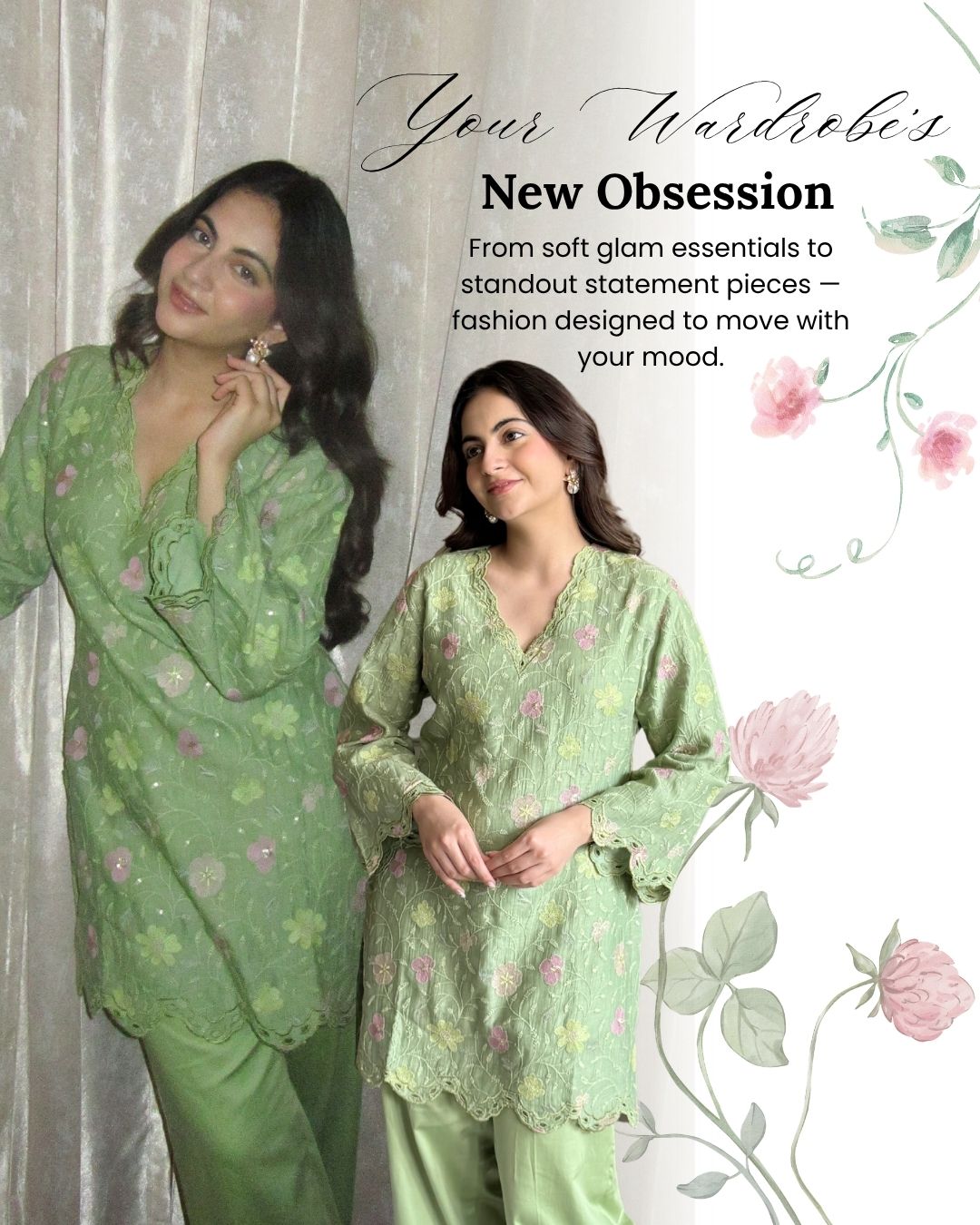 Two women wearing green floral outfits with a decorative text overlay on a light background.