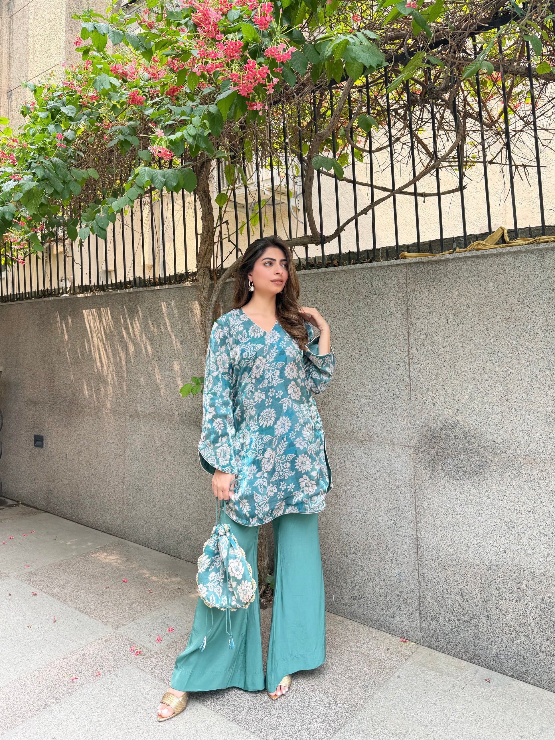 Soft Floral Organza Blue Green Set With Potli 💙☘️ - Allure Armoire