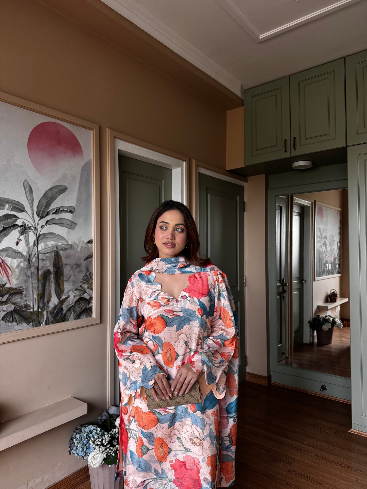 Peach Floral Chinon-Chiffon Suit Set - Peach / Small - Allure Armoire