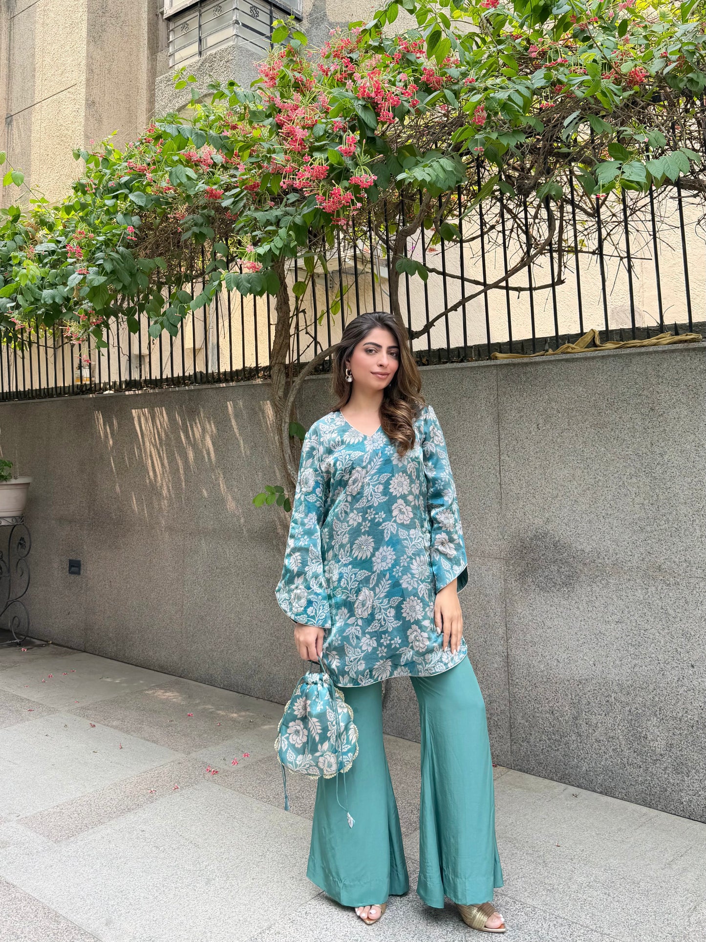 Soft Floral Organza Blue Green Set With Potli 💙☘️ - Blue green / Organza / Small - Allure Armoire