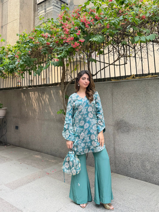 Soft Floral Organza Blue Green Set With Potli 💙☘️ - Allure Armoire