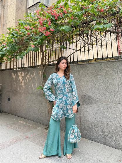 Soft Floral Organza Blue Green Set With Potli 💙☘️ - Allure Armoire
