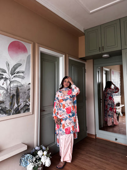 Peach Floral Chinon-Chiffon Suit Set