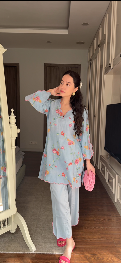 Blue Embroidered Mul Set