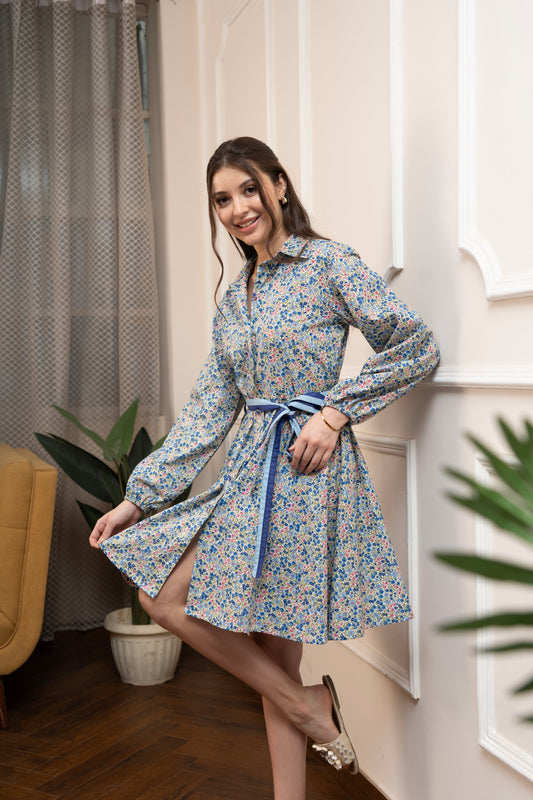 Blue Floral Dress with belt