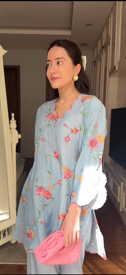 Blue Embroidered Mul Set