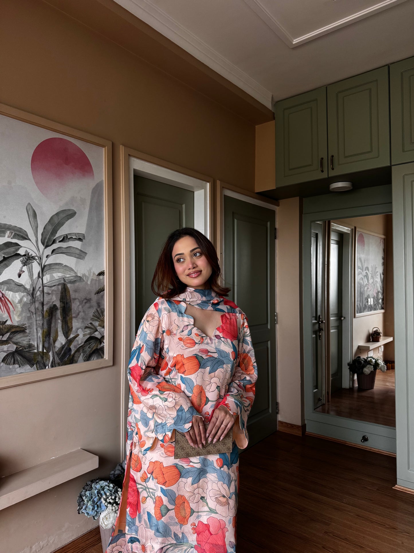 Peach Floral Chinon-Chiffon Suit Set - Peach / Small - Allure Armoire