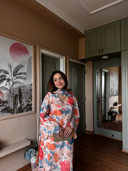 Peach Floral Chinon-Chiffon Suit Set