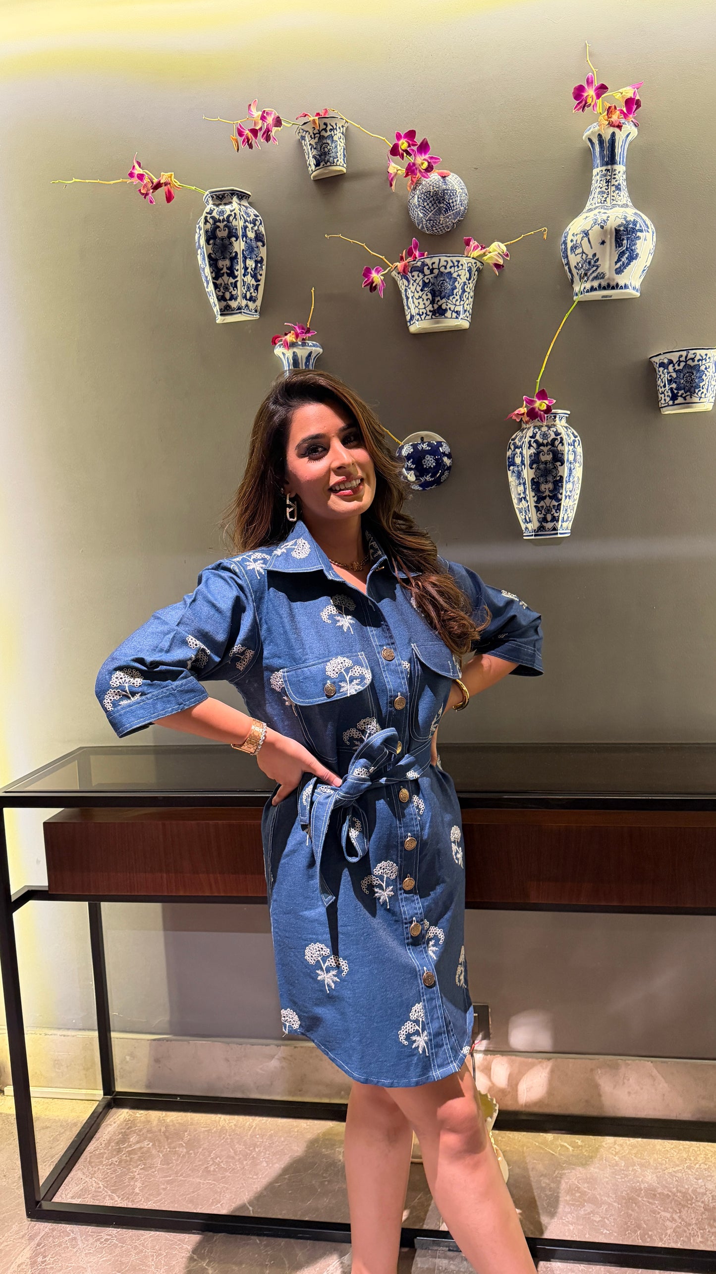 Denim dress with belt - Cobalt Blue / S - Allure Armoire