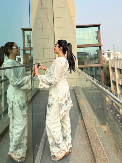 Off White Green Embroidered Co-Ord-Set