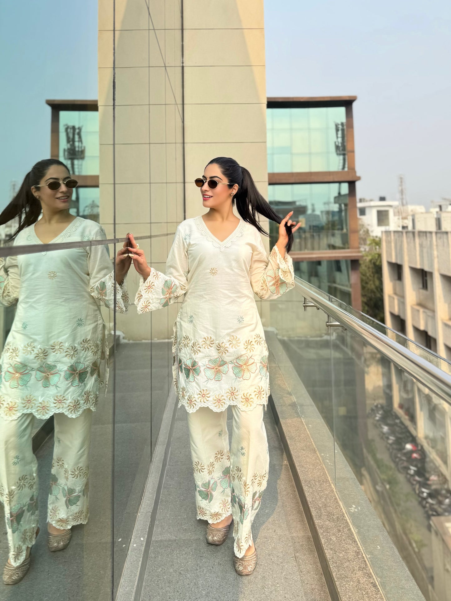 Off White Green Embroidered Co-Ord-Set