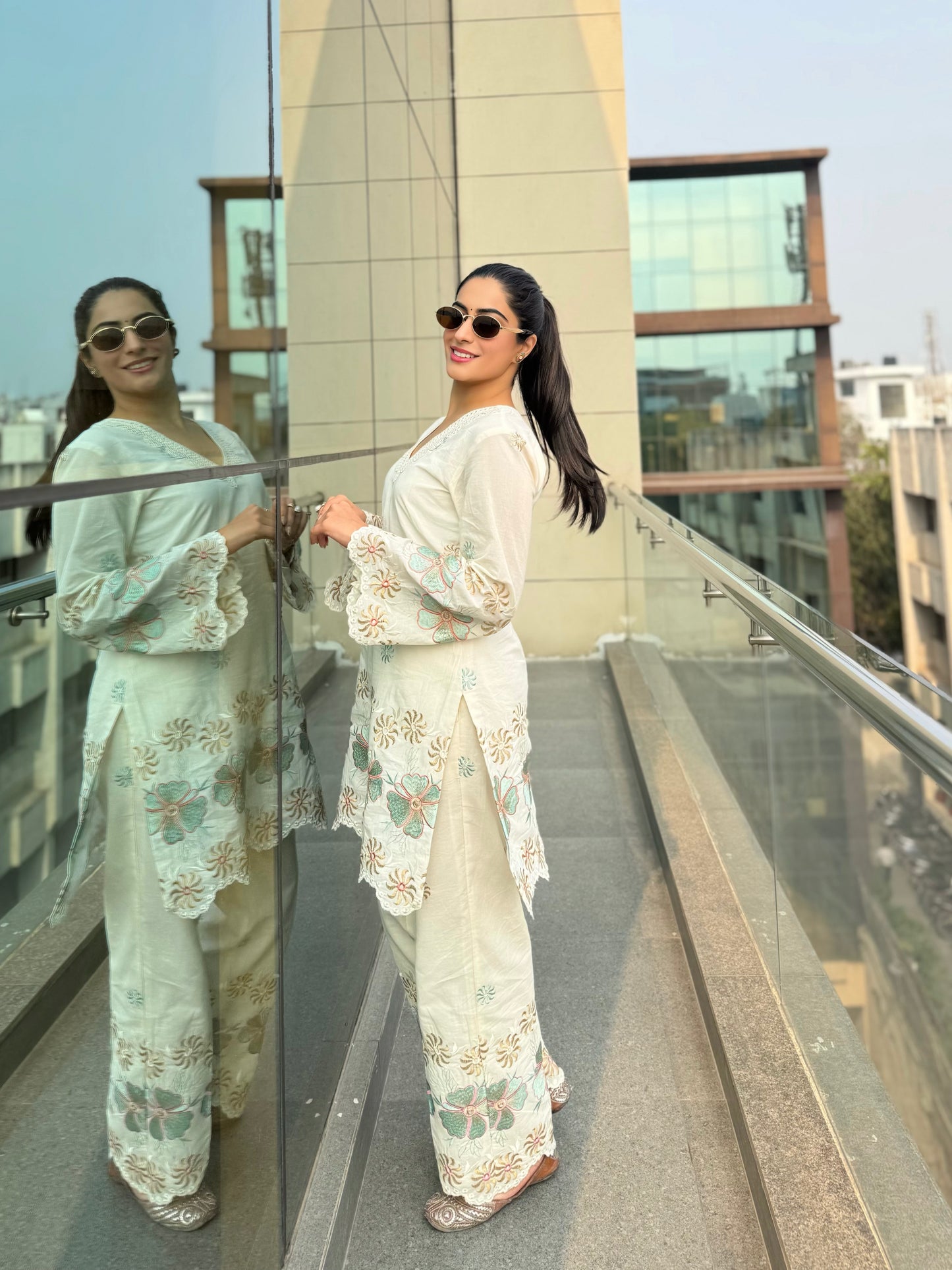 Off White Green Embroidered Co-Ord-Set