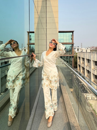 Off White Green Embroidered Co-Ord-Set