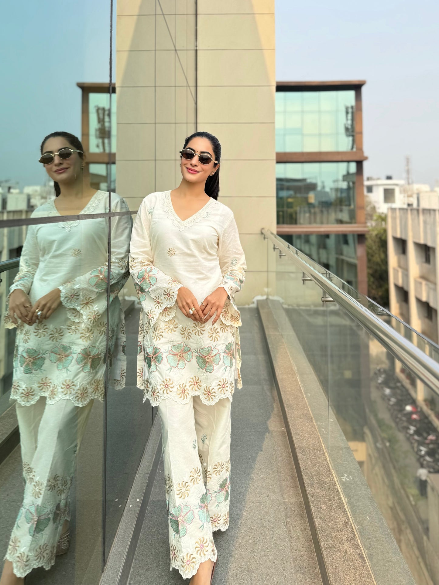 Off White Green Embroidered Co-Ord-Set