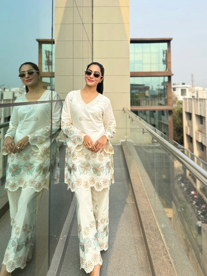 Off White Green Embroidered Co-Ord-Set