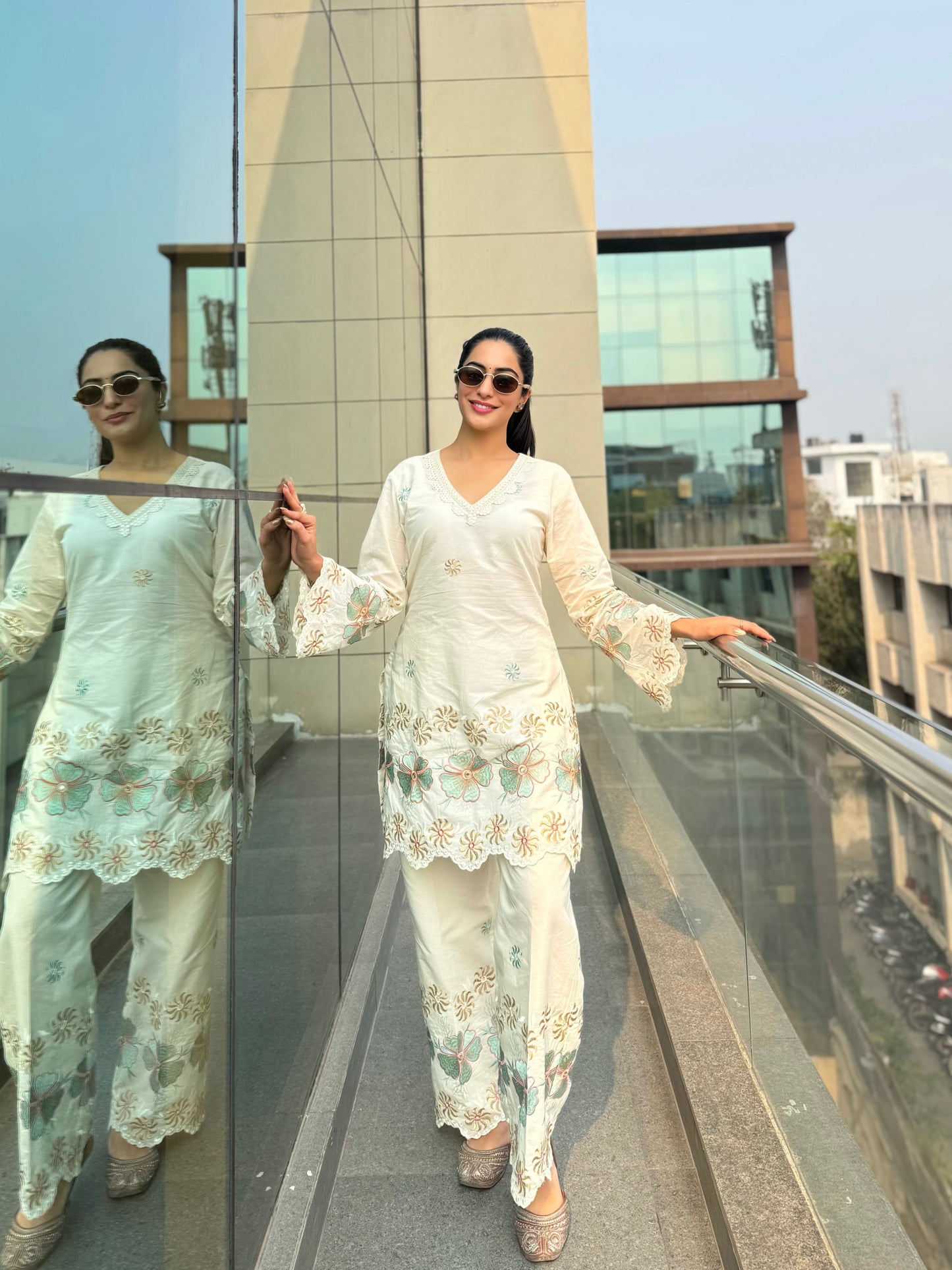 Off White Green Embroidered Co-Ord-Set